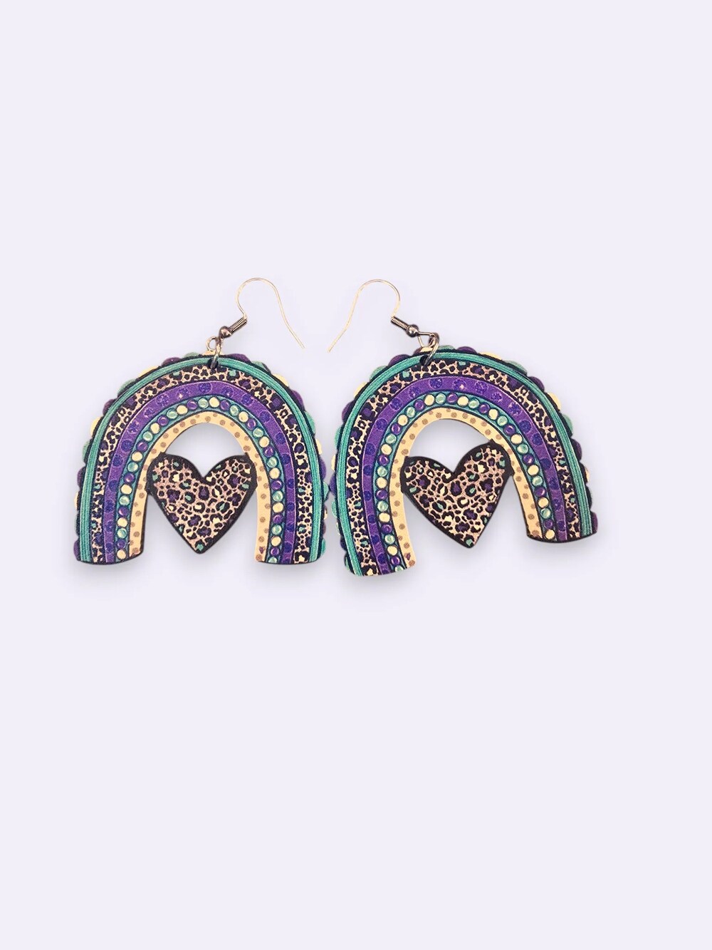 Colorful Wood Rainbow Leopard Heart Statement Earrings Boho Teacher Core Retro